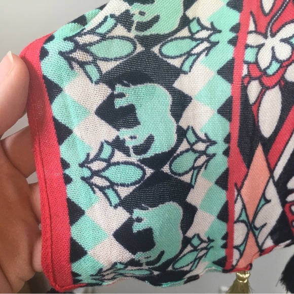 Crown & Ivy 28"x76" Aqua Navy Global Traveler Pom Tassel Obong Scarf Shawl - Picture 9 of 15